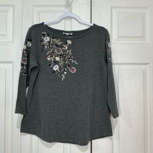 🍓 JM Collection Comfy Cozy Gray Embroidered Sequined Long Sleeve Top Small